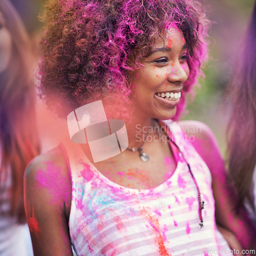 Image of Powder, paint and happy woman at color festival in park, fun with celebration or party outdoor. Freedom, excited and colorful mess with smile for joy and culture, positivity and summer event