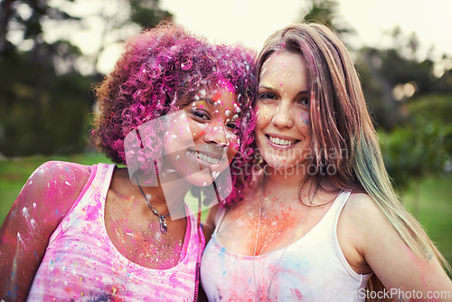 Image of Splash, paint and portrait of women at color powder festival for fun, experience or bonding. Travel, freedom or face of lady friends in India for Holi, celebration or colorful street party tradition