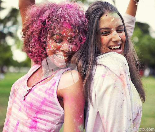 Image of Paint, splash and women dance at color powder festival for fun, experience or bonding. Travel, freedom or excited lady friends in India for Holi, celebration or colorful street party tradition