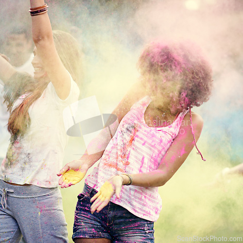 Image of Happy, powder paint and fun with friends outdoor with Holi festival and colorful event with smile. Celebration, love and excited in nature with African people and crazy color dust for party together