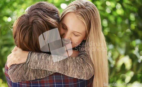 Image of Hug, happy and couple in park for love, bonding and relationship on weekend together. Dating, relax and man and woman for affection, kiss and embrace in nature for holiday, vacation and romance