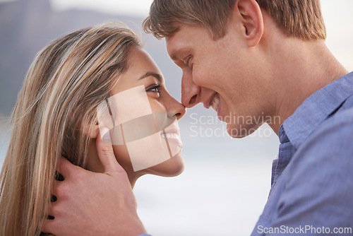 Image of Couple, nose and touch with smile in outdoor for love with romance in honeymoon, vacation and affection in Australia. Closeup, holiday and happy with bonding for relationship, support and trust