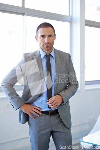 Image of Office, window and portrait of man with confidence in conference room for business with realtor in London. Professional, entrepreneur and expert in real estate or development in corporate property