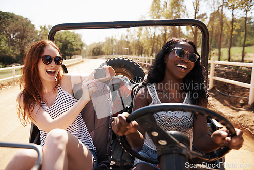 Image of Happy women, photography and vacation with road trip in nature and bonding together for adventure in outdoor. Friends, driving or journey in convertible van on holiday, countryside or memory in texas