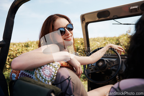 Image of Women, care or bonding on road trip in countryside, talking or travel adventure for leisure in nature. Friends, driving and discussion in suv on summer holiday and happy together for tour in texas