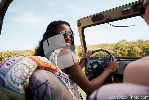 Image of Happy woman, talking and freedom on road trip in countryside, bonding or travel for tourism in nature. Friends, driving and discussion in suv on summer holiday, care and adventure on tour in texas