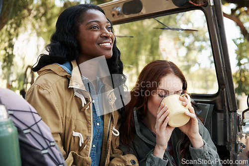 Image of Happy women, tea or relax on road trip in nature or travel adventure for leisure in countryside. Ladies, drinking and coffee in suv on summer holiday, care and bonding together for tourism in texas