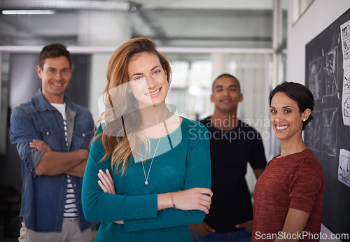 Image of Businesswoman, smile and office portrait with colleagues, creative and professional career. Leadership, female person and confident with diversity coworkers in collaboration and standing together