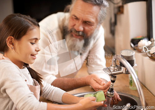 Image of Grandfather, child and washing hands with water to clean in kitchen, skincare and safety. Mature man, grandchild and liquid for protection against bacteria, learn and hygiene to prepare for cooking