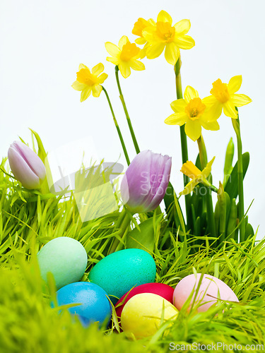 Image of Easter, flowers and eggs on grass in studio for celebration, kids fun and creative with candy. Culture, tradition and chocolate on lawn with color for hunt Good Friday, festive and christian holiday