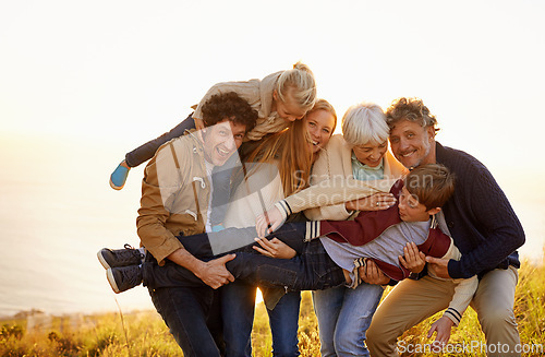 Image of Grandparents, parents and kids fun portrait in nature, spring in countryside. Exercise, excited with generations playing with child, happy in field on vacation with family together in calm outdoors