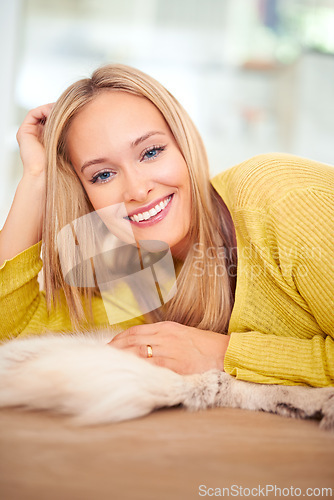 Image of Portrait, woman and smile, home and relax on floor for happy and calm Canadian female person. Weekend break, lounge carpet and living room, chilling and comfortable while resting with positive face