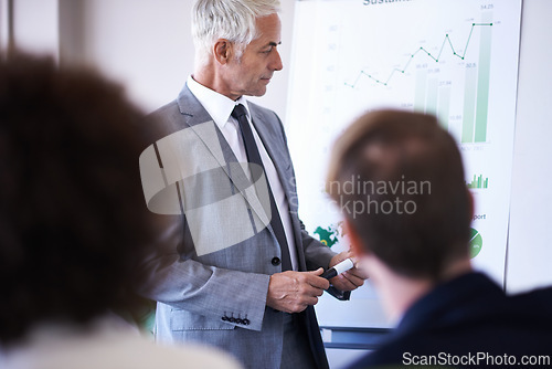 Image of Business people, leader and presentation with graphs, finance and accountant with company stats. Broker, seminar and feedback for monthly budget, economy or speaker with review for profit and meeting