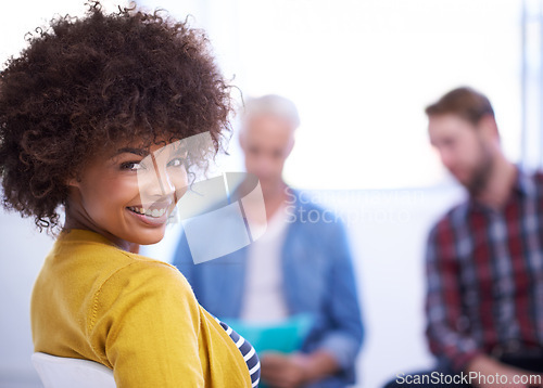 Image of Portrait, afro and happy for female person, internship and business for young professional. Employee, confidence and opportunity for Brazilian woman people, smile and corporate with colleagues