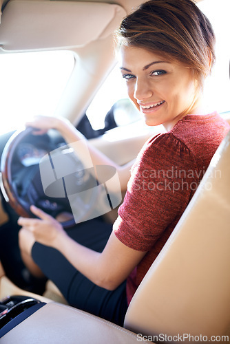 Image of Portrait, driving and business woman with smile on morning commute, road trip or journey to work. Travel, transport and happy driver at wheel of car with confidence, test drive and auto insurance.