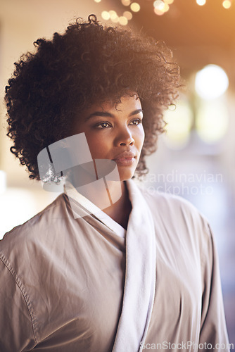 Image of Spa, woman and thinking with skin care in a bathrobe for wellness, cosmetics and beauty treatment. Health, calm and resort with an African female person ready for dermatology at a hotel with a idea