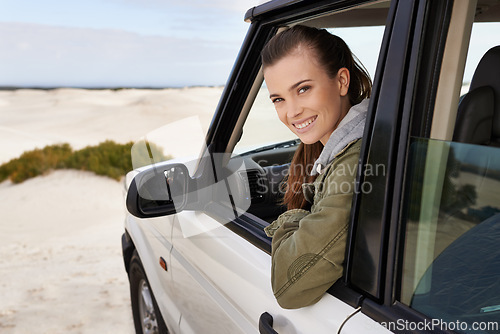 Image of Portrait, woman or car window on desert, road trip or getaway for travel and adventure in Namibia. Smile, female person or traveler on fun driving holiday in motor transport as journey of leisure