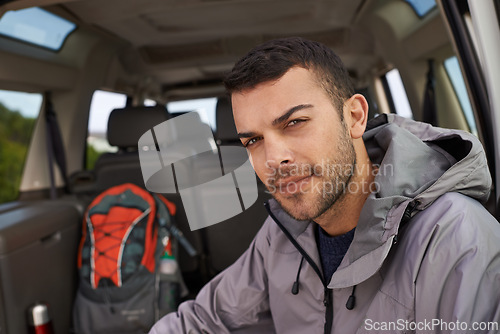 Image of Portrait, man or suv to travel on adventure, holiday or road trip for hiking, leisure or recreation. Male person, hiker or relax or backpack for getaway, exploration and sightseeing in Colombia