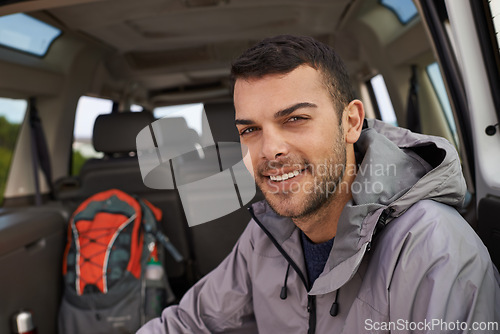 Image of Portrait, man or car in hiking on adventure, holiday or road trip for travel, leisure or recreation. Male person, hiker or relax or backpack for getaway, exploration and sightseeing in Canada