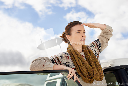 Image of Road trip, car and thinking woman outdoor for view, location search or holiday, adventure and exploration. Travel and female person with vehicle in outside for route, planning or idea for journey