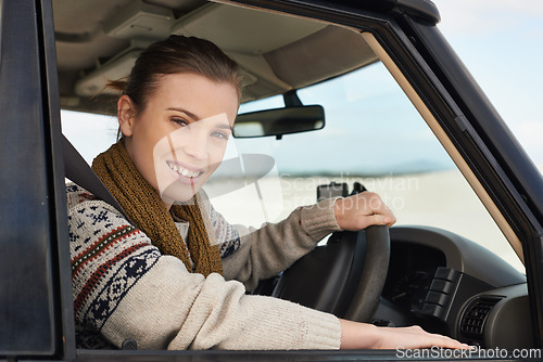 Image of Portrait, woman or car window on adventure as exploration, travel or sightseeing in South Africa. Confident, female person or driver in motor transport for road trip as leisure, recreation or tourism