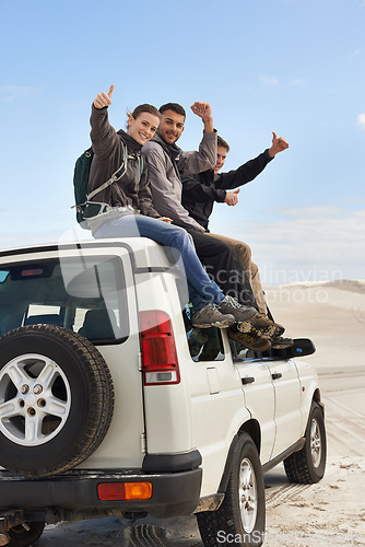 Image of Road trip, friends and thumbs up on suv, portrait and route for sightseeing and driving adventure in nature. People, traveller and happy face on holiday by blue sky, journey and leisure on vehicle