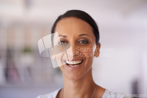 Image of Happy, business and woman in smile portrait, entrepreneur and new work opportunity for startup. Excited, female person in fashion design or creative career workplace, cheerful or positive expression