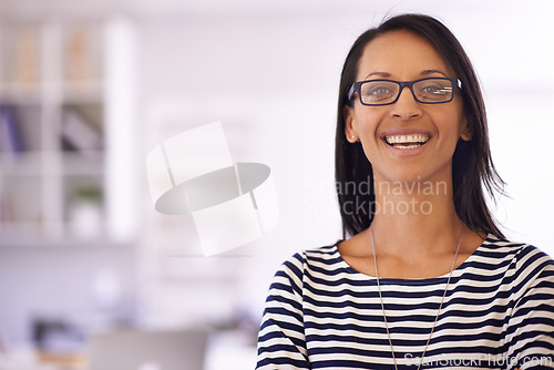 Image of Business woman, portrait and happy in office for human resources career, confidence and vision. Professional worker, employee or secretary in glasses with smile for job, company or creative workplace