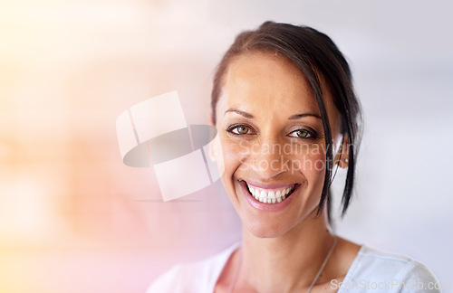 Image of Woman, portrait and smile for small business, entrepreneur and proud of startup company. Female person, blurred background and happy on mockup space, designer and confident for career opportunity