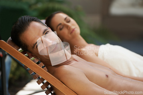 Image of Relax, sleeping and couple at spa on holiday, vacation and travel at resort, hotel and lodge in San Fransisco. Partners, lovers and people on break together for bonding, love and happiness outdoor