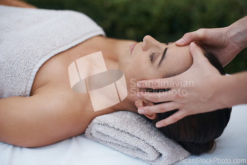 Image of Spa, woman and hands with massage for wellness at resort, luxury hotel and vacation for relax and therapeutic pamper. People, masseuse and body care with facial treatment, hospitality and zen outdoor