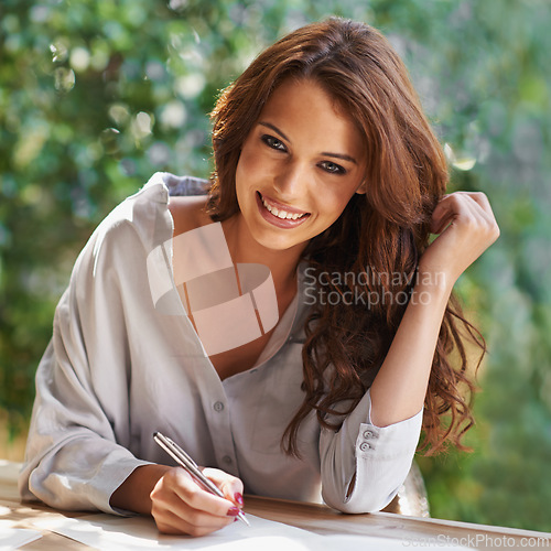 Image of Student, woman and write notes with smile to study with books for revision, exam preparation at home. Female person, outdoor and diary with test or assignment deadline for distance learning and happy