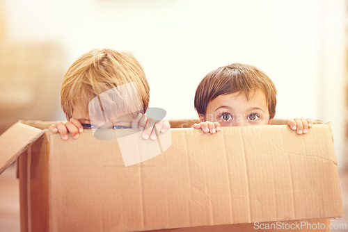 Image of Children, box and eyes of siblings playing in a house with fun, bonding and hide and seek games. Cardboard, learning and curious kid brothers in a living room with fantasy, imagine or hiding at home