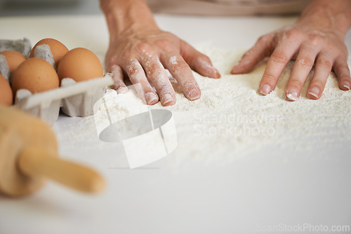 Image of Baking, kitchen and hands with eggs with flour for cake, bread and pastry preparation in home. Culinary, baker and closeup of ingredients, wheat and person for recipe, dough and food on counter