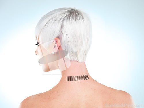 Image of Back, woman and barcode on her neck, data and registration on a blue studio background. Model, mockup space and innovation with tech and cyber with ai and futuristic with automation and serial number