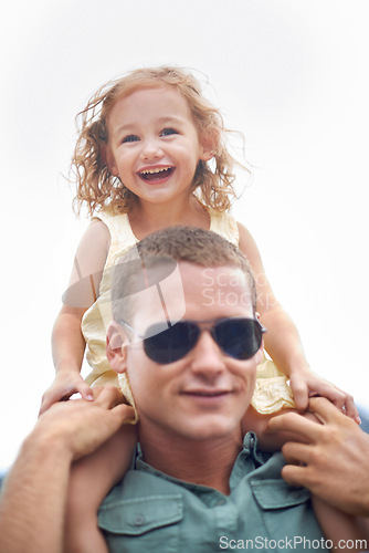 Image of Happy, man and child in white background, piggyback and bonding together for break and fun on weekend. Family, father and daughter with smile or enjoying holiday, vacation and kid cheerful or laugh