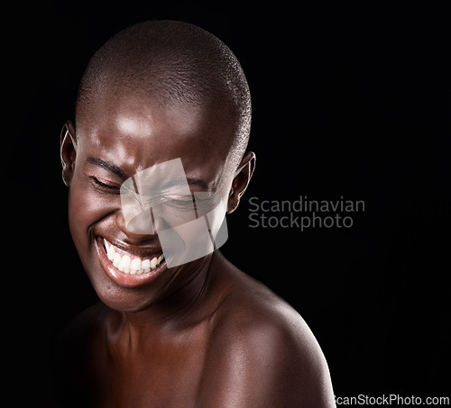 Image of Studio, skin care and beauty of woman, cosmetics and satisfaction on black background. African female person, smile and happy for dermatology or facial treatment, mockup space and proud of wellness