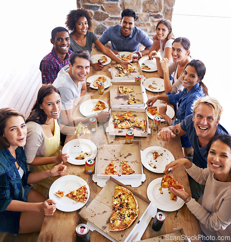 Image of Group, friends and party with pizza, diversity and high angle for joy or celebration for youth. Men, women and fast food with drink, social gathering and snack for lunch or eating at italian pizzeria