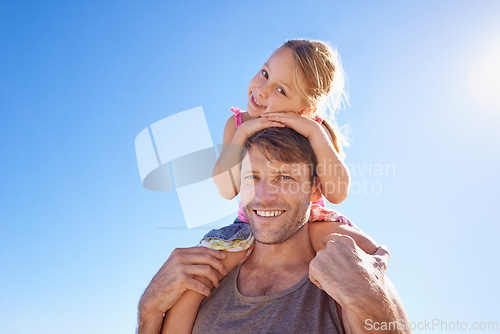 Image of Portrait, dad and shoulder to carry girl for family, game and bonding together on sunny day. Blue sky, papa and young daughter for fun walk, happiness and sunshine on vacation in South Africa