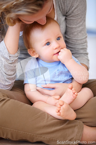 Image of Baby, growth and happy with mother, relaxing and love together with child and care for motherhood. Infant, mom and smile for affection, nurture and home for bonding and babysitting with family