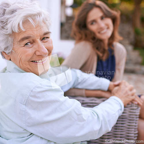 Image of Portrait, elderly and mother together with daughter in nursing home, outdoor and woman to visit wise mom. Girls, smile and holding hands as family, happy and retirement of senior female person