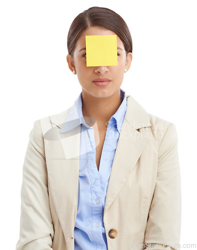 Image of Sticky notes, white background and face of business woman for news, information and writing ideas. Professional, corporate and isolated person with paper for planning, schedule and reminder in studio