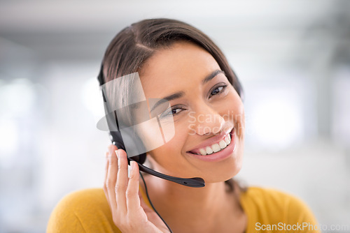 Image of Smile, callcenter and portrait of woman with headset, help desk and phone call at crm office. Proud, happy or professional consultant with job in telemarketing, customer service and online support.