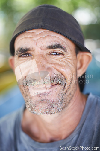 Image of Portrait , smile and happy senior man in nature, outdoors and wrinkles from sunlight exposure. Grandfather, face and aged male from Brazil , closeup and local rainforest natural and retired