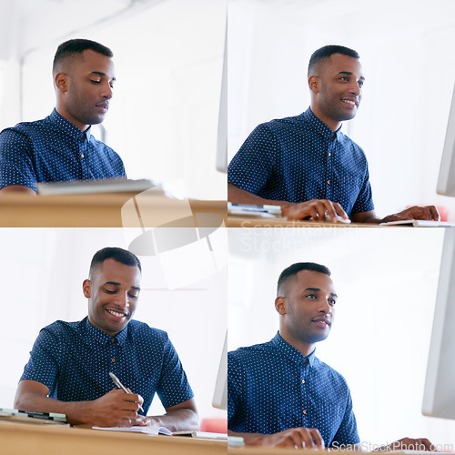 Image of Collage, businessman and working in office, focused and online professional taking notes. African American person, employee and creative blogging feature and update on internet site and social media