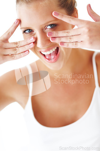 Image of Portrait, woman and skincare in studio with smile in white background, happy and satisfied with routine results. Female person, treatment and smooth with beauty for self care, glow and confidence