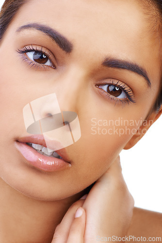 Image of Model, closeup and cosmetics for beauty in studio and dermatology for person. Girl, face and self care for lips with eyebrows from micro blading and aesthetic skin with glow and white background