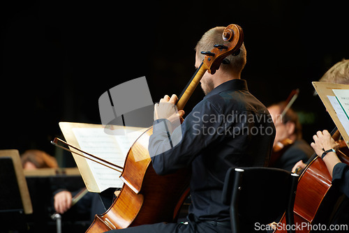 Image of Person, violin and live music for event, concert and orchestra together with talent, professional. People, entertainment and cello notes for performance and stage indoors, art and hand for melody