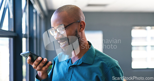 Image of Phone, voice recognition and businessman in office, audio and app for communication. Smile, tech and professional African male person recording message on call, speaker and conversation in workplace