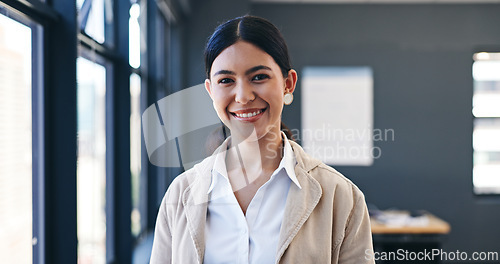 Image of Portrait, smile and business woman in office with confidence, opportunity and professional ambition. Trust, pride and happy face of entrepreneur at consulting startup with positive attitude in career